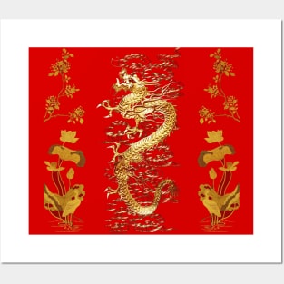 GOLD DRAGON IN RED,Egret,Lotus,Green Gold Floral Posters and Art